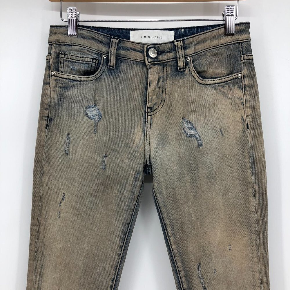 IRO Tan Distressed Mid-Rose Skinny Jeans in faded Blue  and brown mix size 25 - Picture 5 of 16